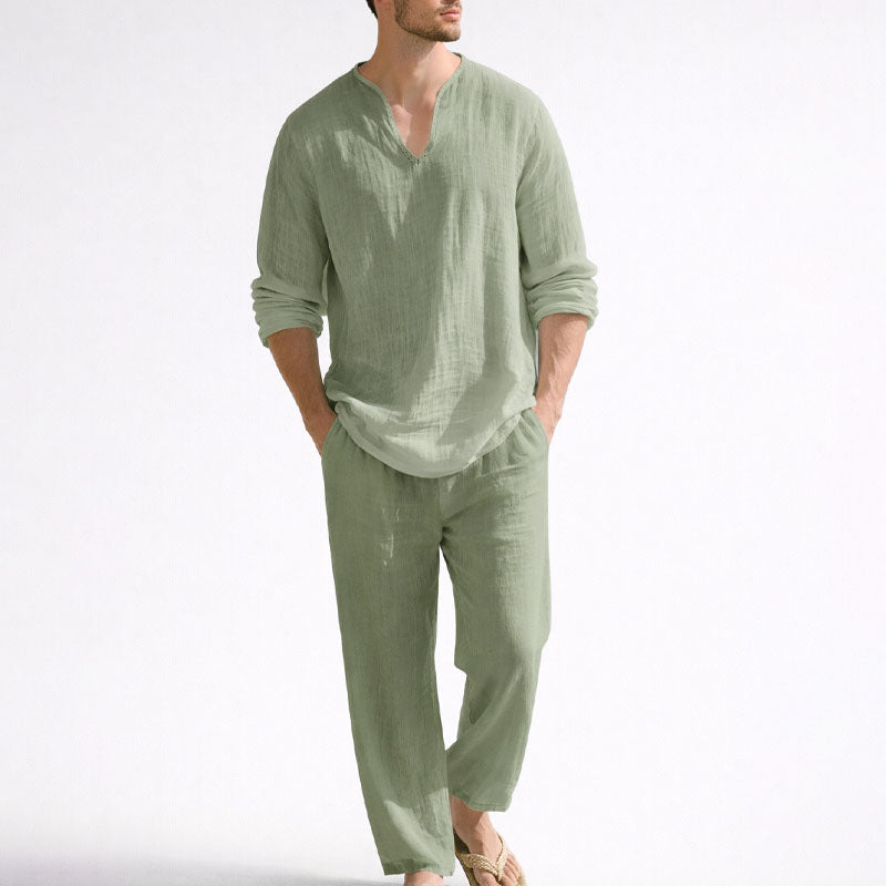 LIAM™ | Men's Linen Blend V-Neck Shirt Trousers Set
