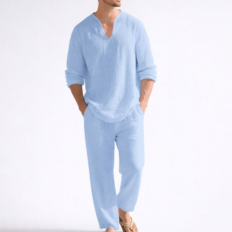 LIAM™ | Men's Linen Blend V-Neck Shirt Trousers Set