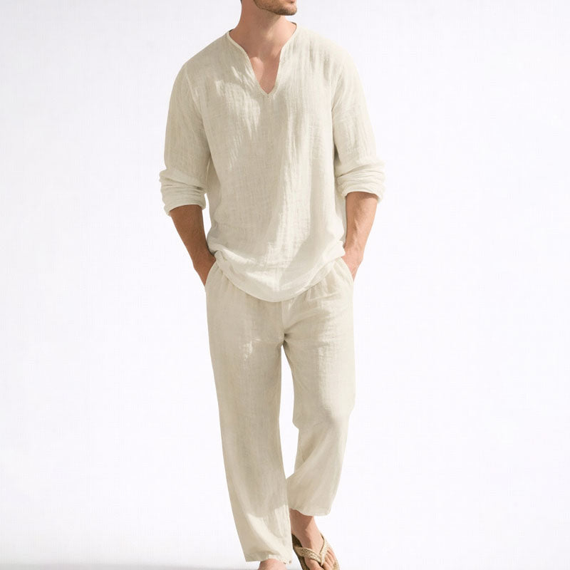 LIAM™ | Men's Linen Blend V-Neck Shirt Trousers Set