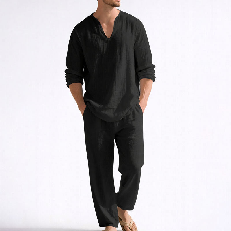 LIAM™ | Men's Linen Blend V-Neck Shirt Trousers Set