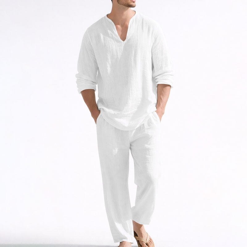 LIAM™ | Men's Linen Blend V-Neck Shirt Trousers Set