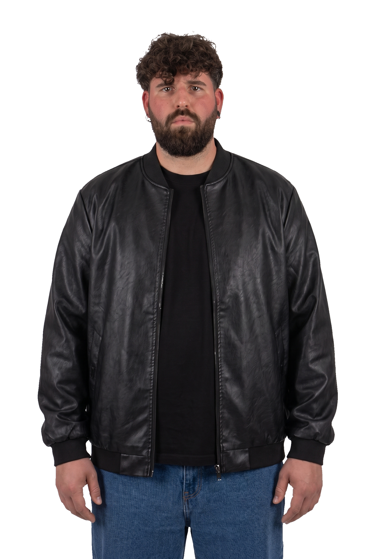 LIAM™ | Black Faux Leather Cobain Bomber Jacket for Men in Plus Sizes