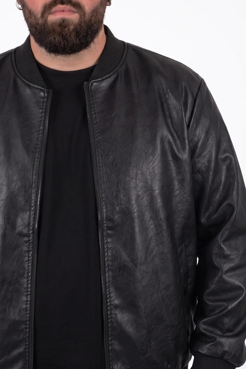 LIAM™ | Black Faux Leather Cobain Bomber Jacket for Men in Plus Sizes